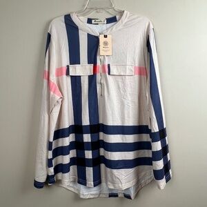 Moyabo Woman’s Long Sleeve Dress Blouse Shirt Size 2XL New With Tags Beige Blue